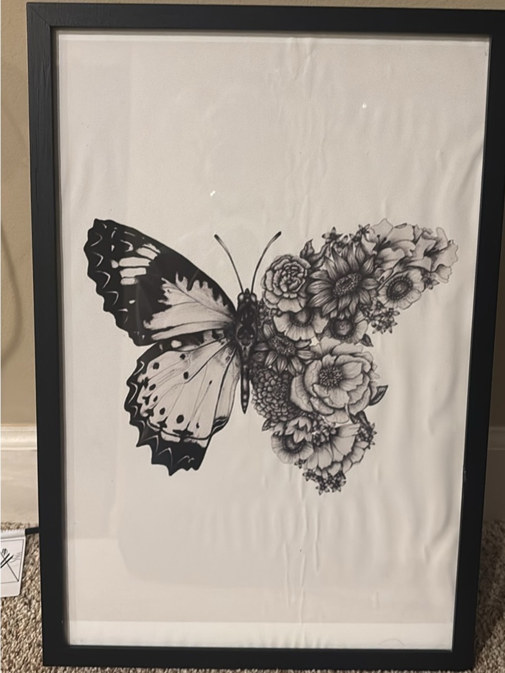 Framed butterfly/floral poster black and white